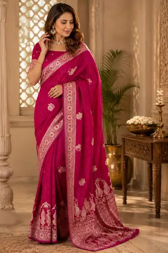 Rani pink silk with zari weave work saree with unstitched blouse piece