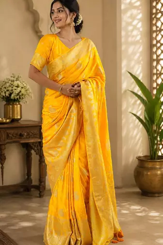 Yellow silk with zari weave work saree with unstitched blouse piece