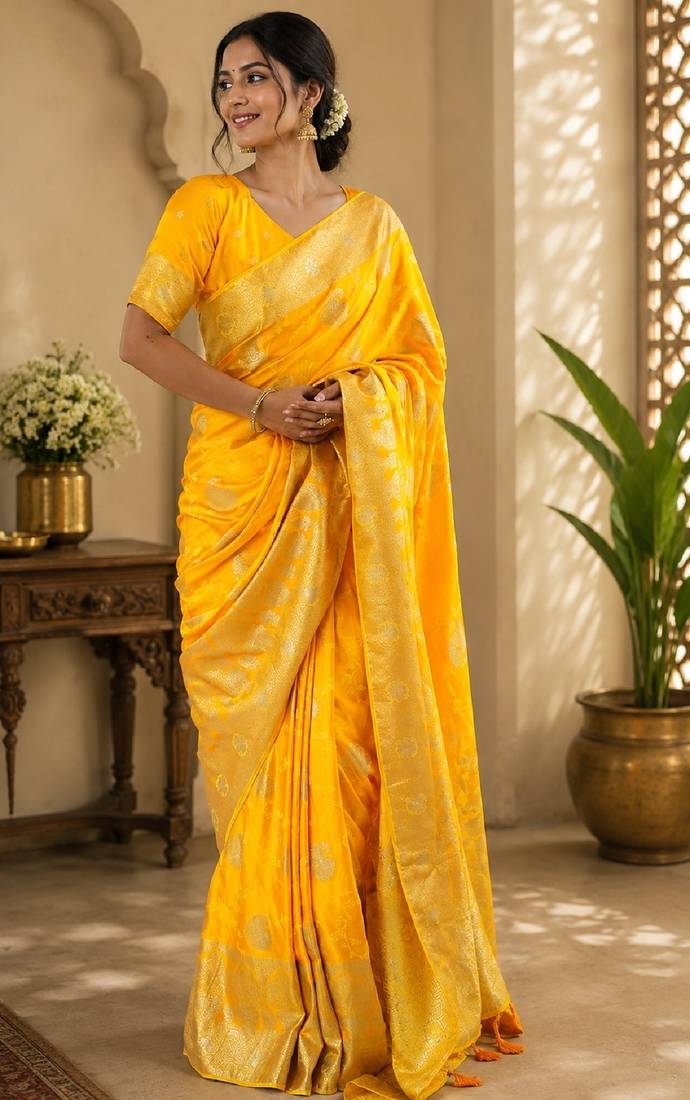 Yellow silk with zari weave work saree with unstitched blouse piece