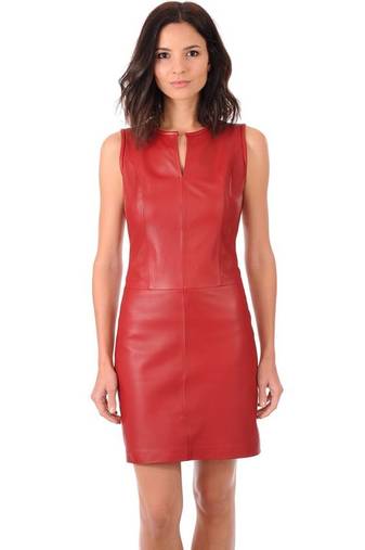 Women’s genuine lambskin red leather bodycon mini dress