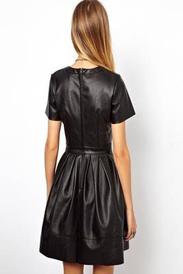 Women’s genuine lambskin black leather short sleeve mini dress 2