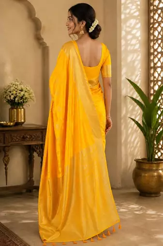 Yellow silk with zari weave work saree with unstitched blouse piece