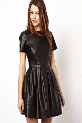 Women’s genuine lambskin black leather short sleeve mini dress 1