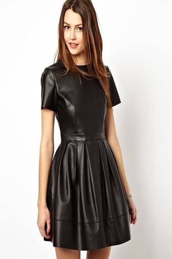 Women’s genuine lambskin black leather short sleeve mini dress