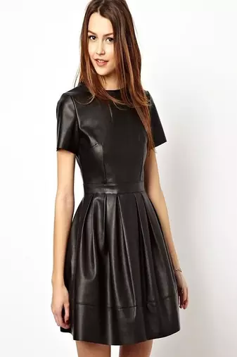 Women’s genuine lambskin black leather short sleeve mini dress