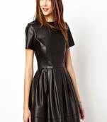 Women’s genuine lambskin black leather short sleeve mini dress