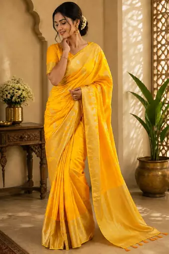 Yellow silk with zari weave work saree with unstitched blouse piece
