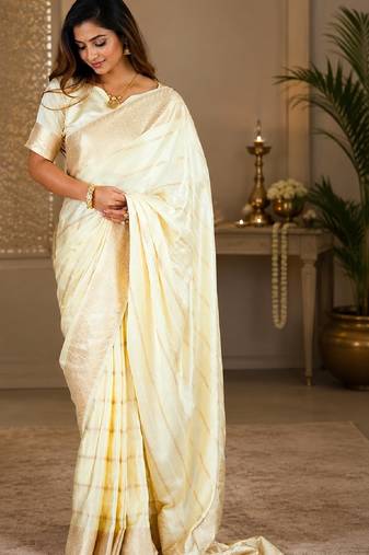 White silk with zari weave work saree with unstitched blouse piece