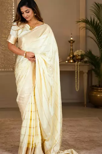 White silk with zari weave work saree with unstitched blouse piece
