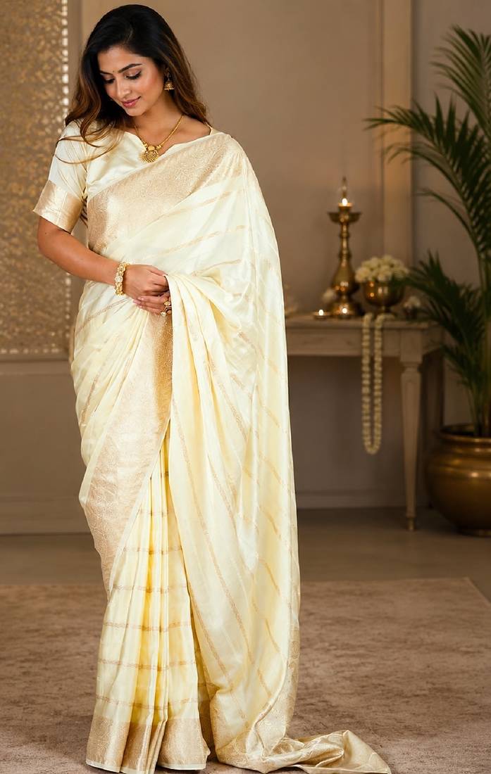 White silk with zari weave work saree with unstitched blouse piece