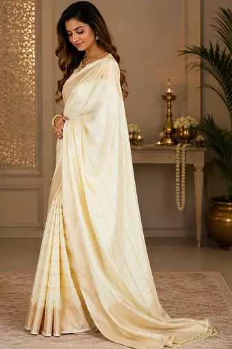 White silk with zari weave work saree with unstitched blouse piece