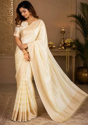 White silk with zari weave work saree with unstitched blouse piece 4