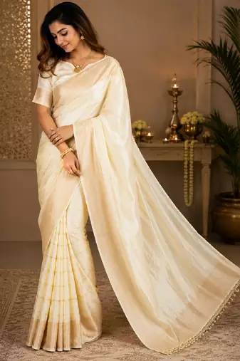 White silk with zari weave work saree with unstitched blouse piece