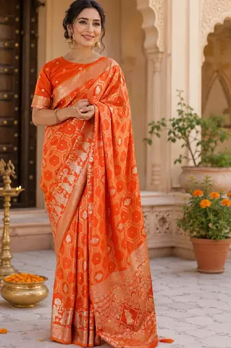 Orange silk with zari weave work saree with unstitched blouse piece