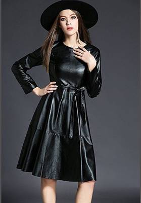 Women’s genuine black lambskin dressmesh panel mini dress 1