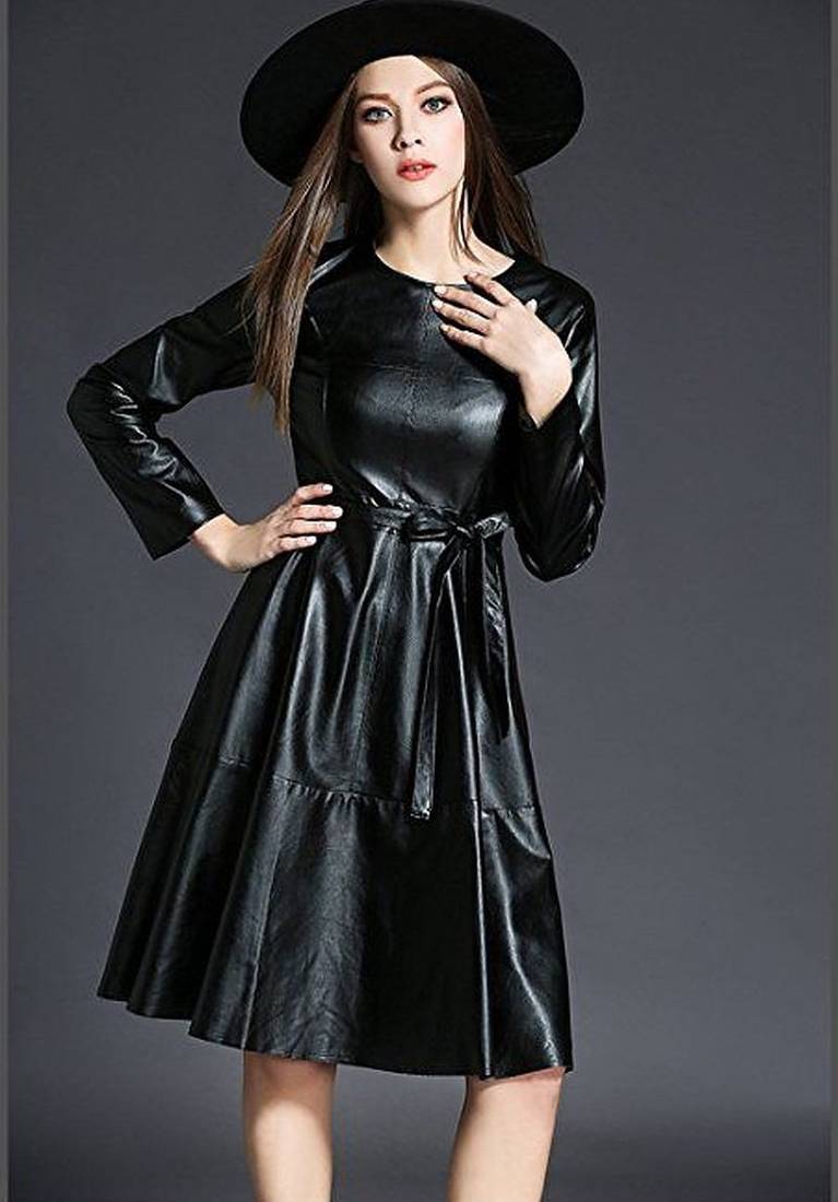 Women’s genuine black lambskin dressmesh panel mini dress