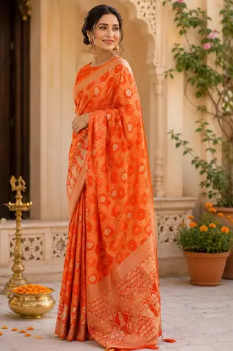 Orange silk with zari weave work saree with unstitched blouse piece