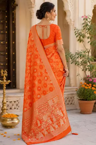 Orange silk with zari weave work saree with unstitched blouse piece