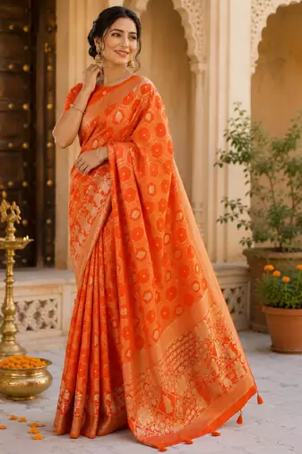 Orange silk with zari weave work saree with unstitched blouse piece