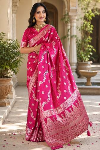 Pink silk with zari weave work saree with unstitched blouse piece