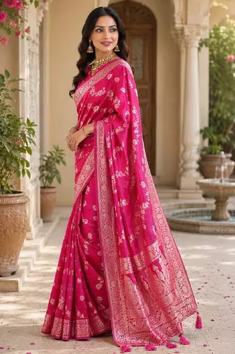 Pink silk with zari weave work saree with unstitched blouse piece