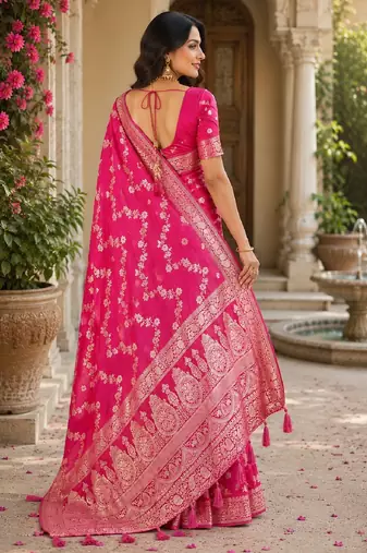 Pink silk with zari weave work saree with unstitched blouse piece