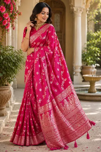 Pink silk with zari weave work saree with unstitched blouse piece
