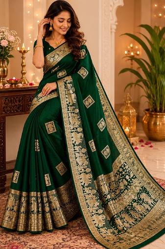 Green silk with zari weave work saree with unstitched blouse piece