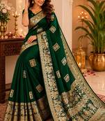 Green silk with zari weave work saree with unstitched blouse piece