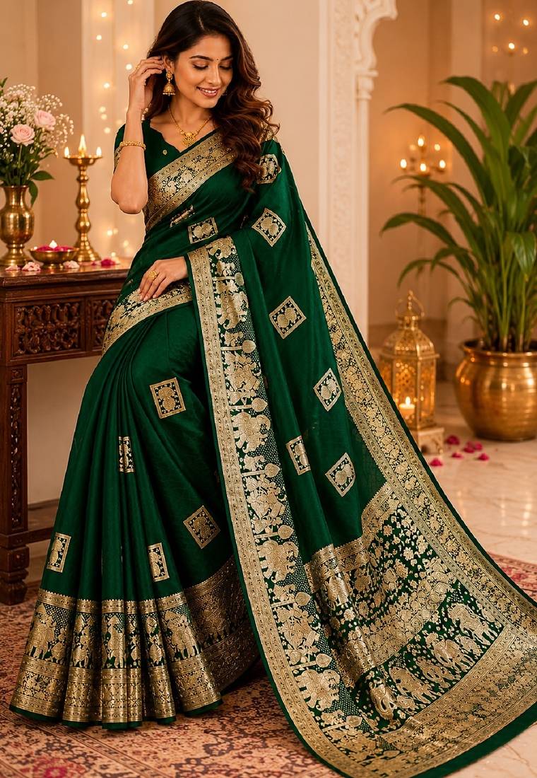 Green silk with zari weave work saree with unstitched blouse piece