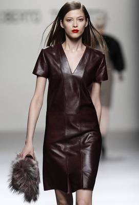 Genuine lambskin brown leather bodycon short sleeve v-neck dress 1