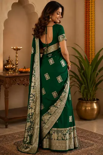 Green silk with zari weave work saree with unstitched blouse piece