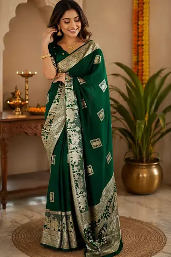 Green silk with zari weave work saree with unstitched blouse piece