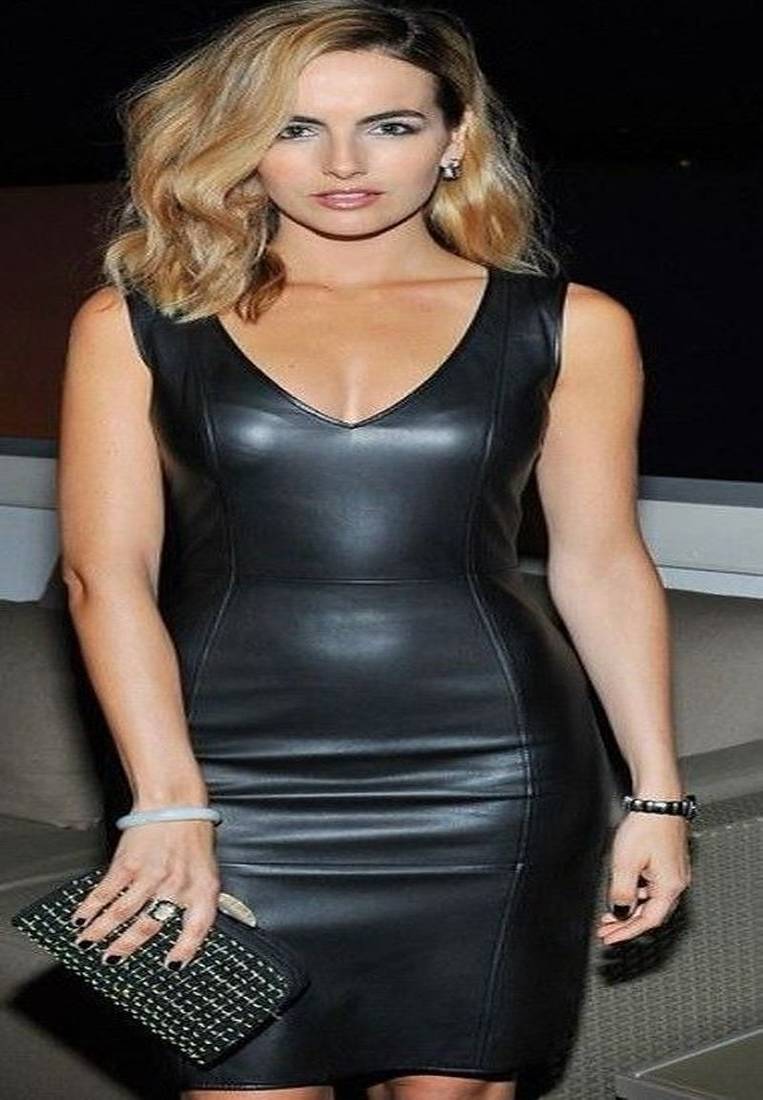 Women’s black lambskin leather bodycon mini sleeveless v neck dress