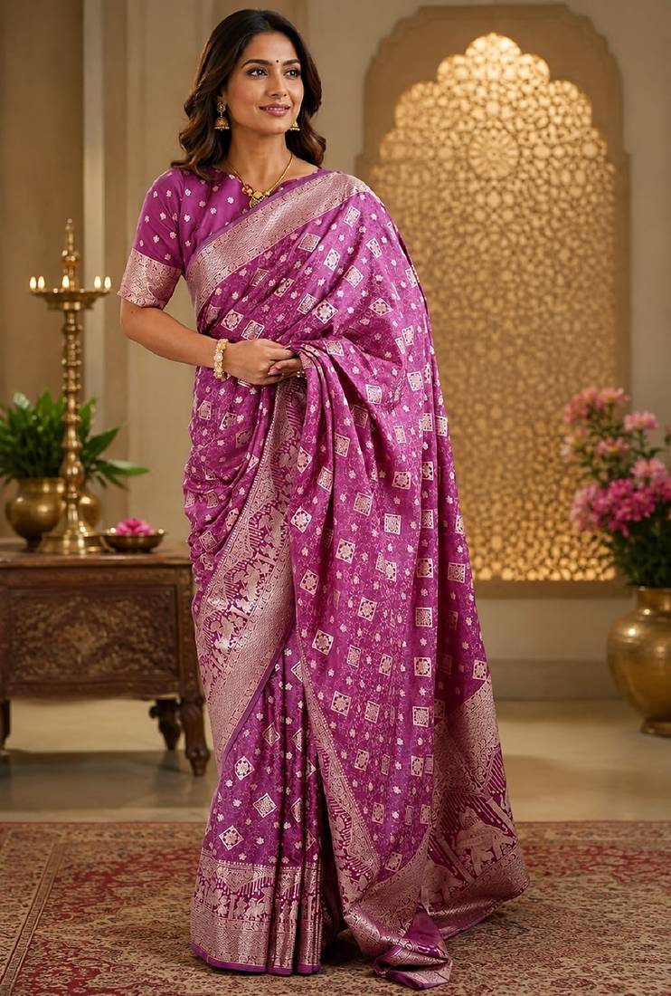 Purple silk with zari weave work saree with unstitched blouse piece