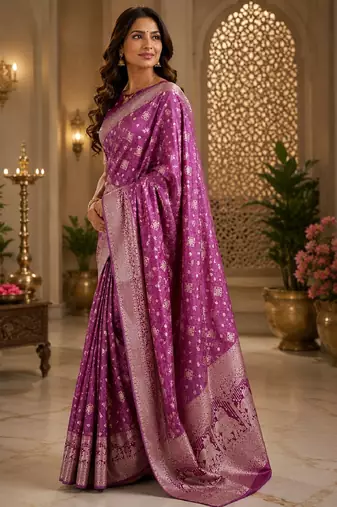 Purple silk with zari weave work saree with unstitched blouse piece