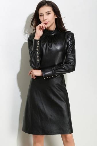 Women’s black lambskin dressstudded fit & flare full sleeve dress