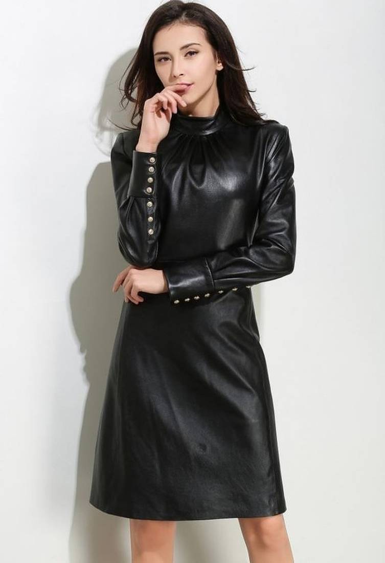 Women’s black lambskin dressstudded fit & flare full sleeve dress