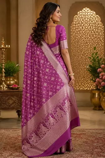 Purple silk with zari weave work saree with unstitched blouse piece
