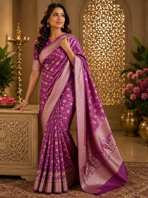 Purple silk with zari weave work saree with unstitched blouse piece 4
