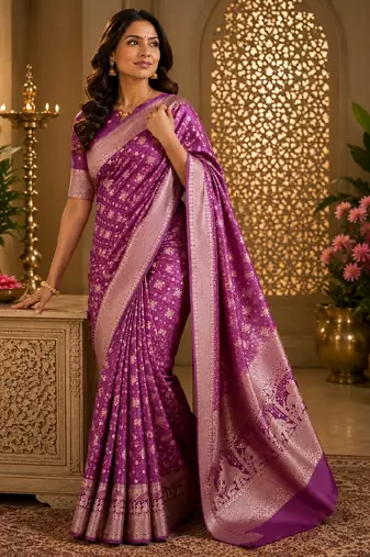 Purple silk with zari weave work saree with unstitched blouse piece