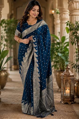 Blue silk with zari weave work saree with unstitched blouse piece