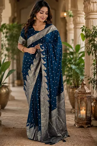 Blue silk with zari weave work saree with unstitched blouse piece