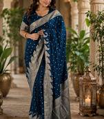 Blue silk with zari weave work saree with unstitched blouse piece