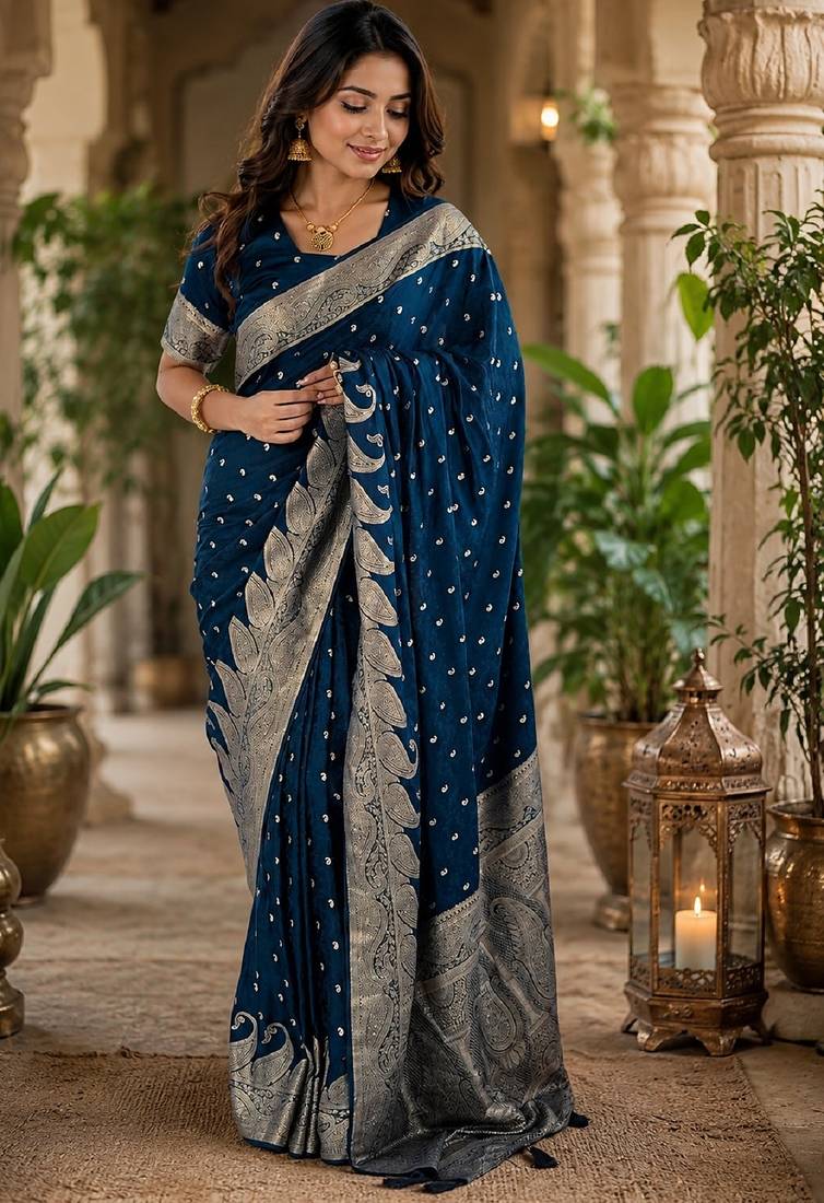 Blue silk with zari weave work saree with unstitched blouse piece