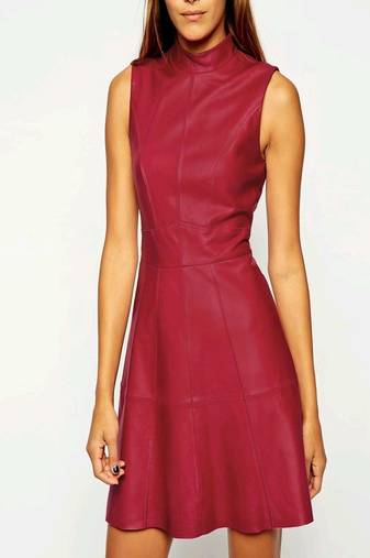 Women’s burgundy lambskin leather sleeveless midi dress