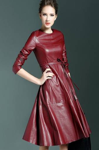 Women’s maroon softlambskin leather quarter sleeve dress