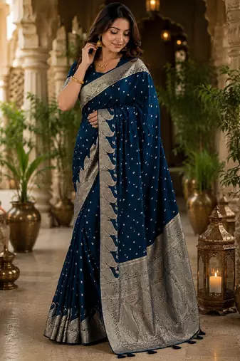 Blue silk with zari weave work saree with unstitched blouse piece