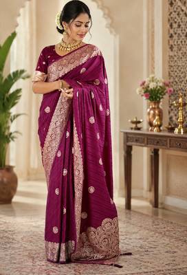 Wine silk with zari weave work saree with unstitched blouse piece 1