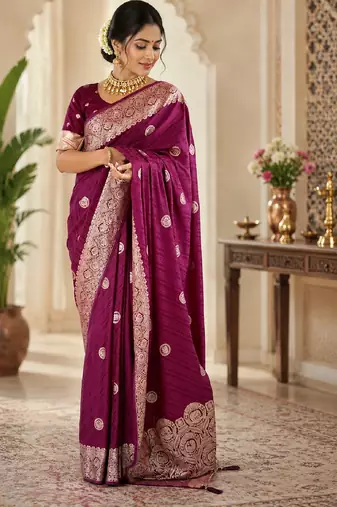 Wine silk with zari weave work saree with unstitched blouse piece